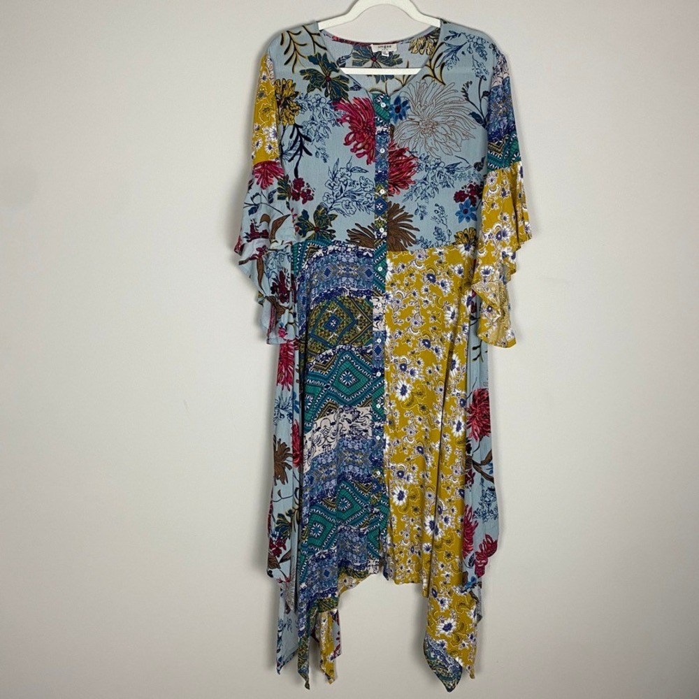 Umgee Patchwork Floral Midi Dress Handkerchief Hem Medium Bell Sleeve Boho
